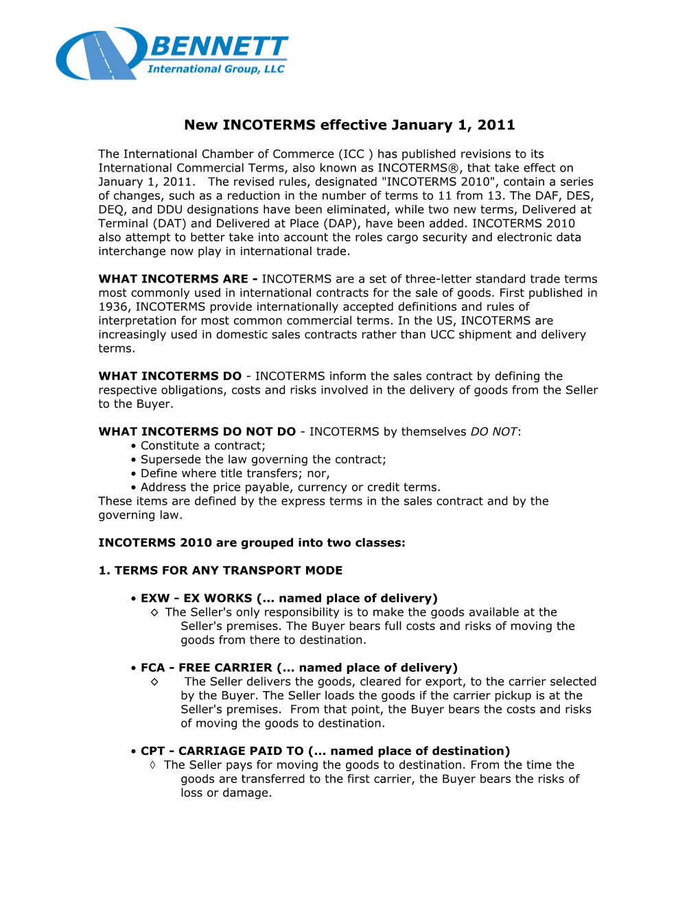 New INCOTERMS Effective January 1, 2011