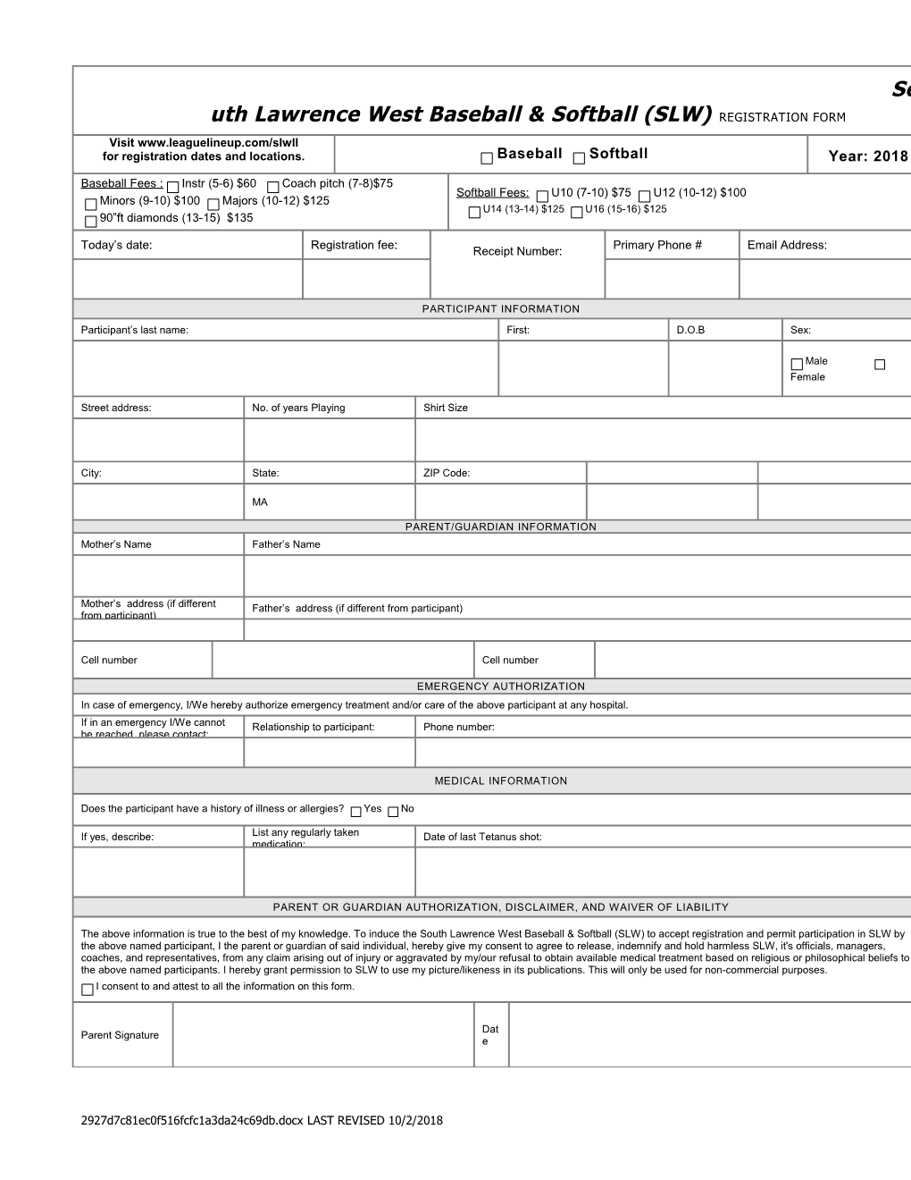 Baseball Registration Form