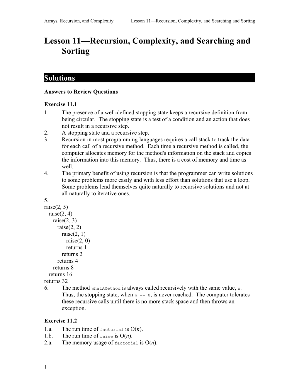 Lesson 11 Recursion, Complexity, and Searching and Sorting