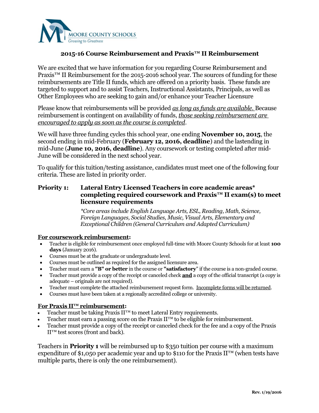 2015-16 Course Reimbursement and Praxis II Reimbursement