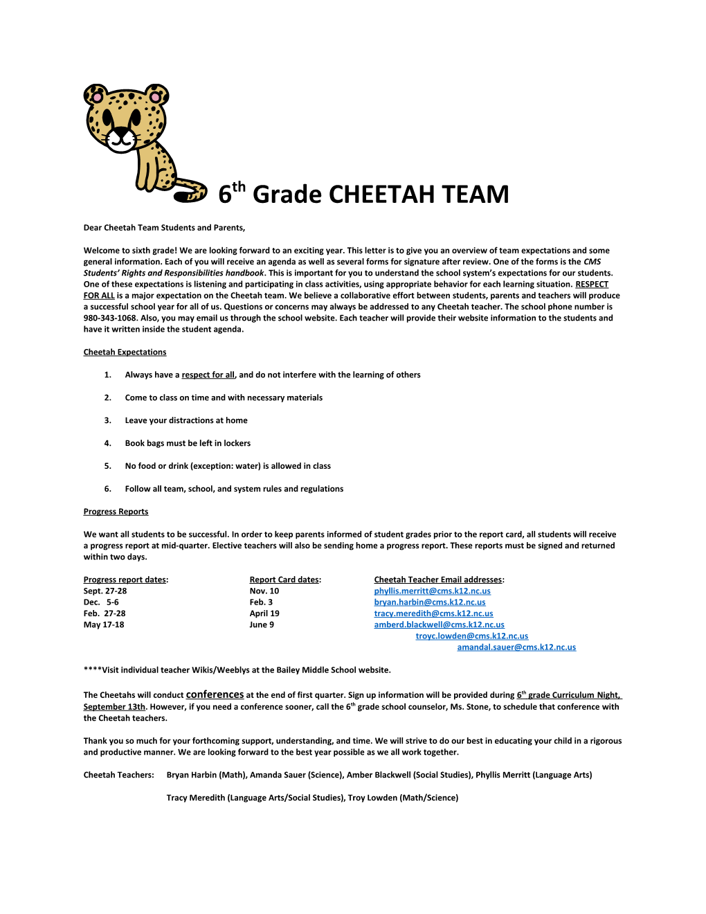 Dear Cheetah Team Students and Parents