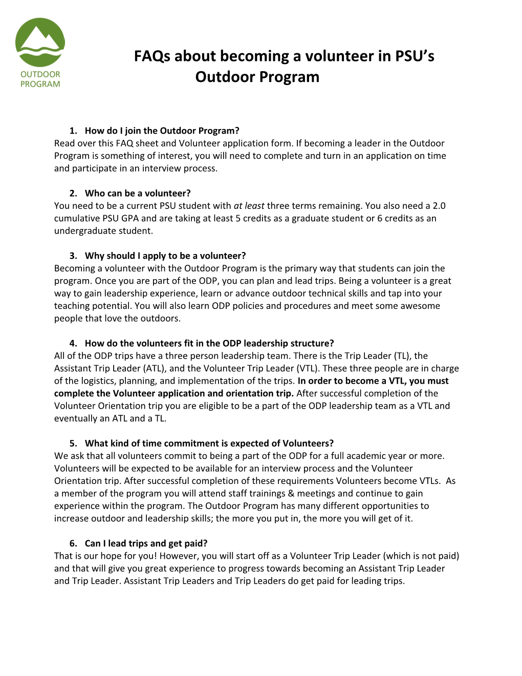 Faqs on Becoming a Volunteer in Portland State S Outdoor Program