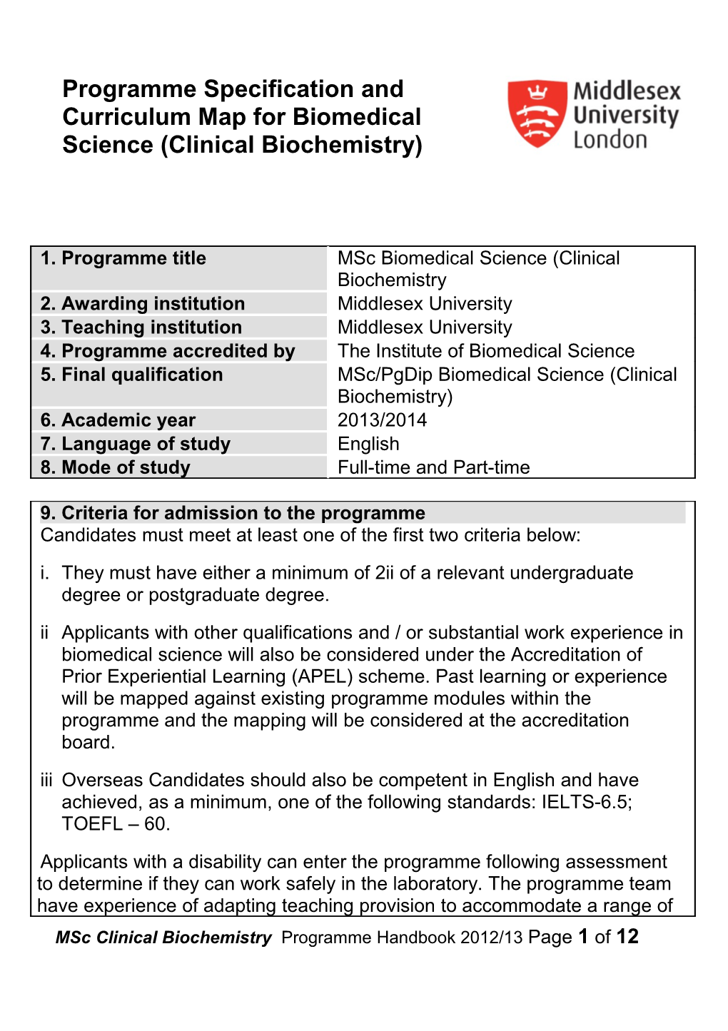 Programme Specification and Curriculum Map for Biomedical Science (Clinical Biochemistry)