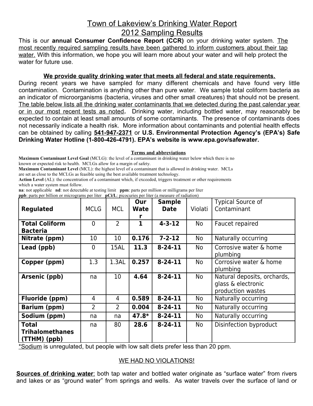 Town of Lakeview S Drinking Water Report