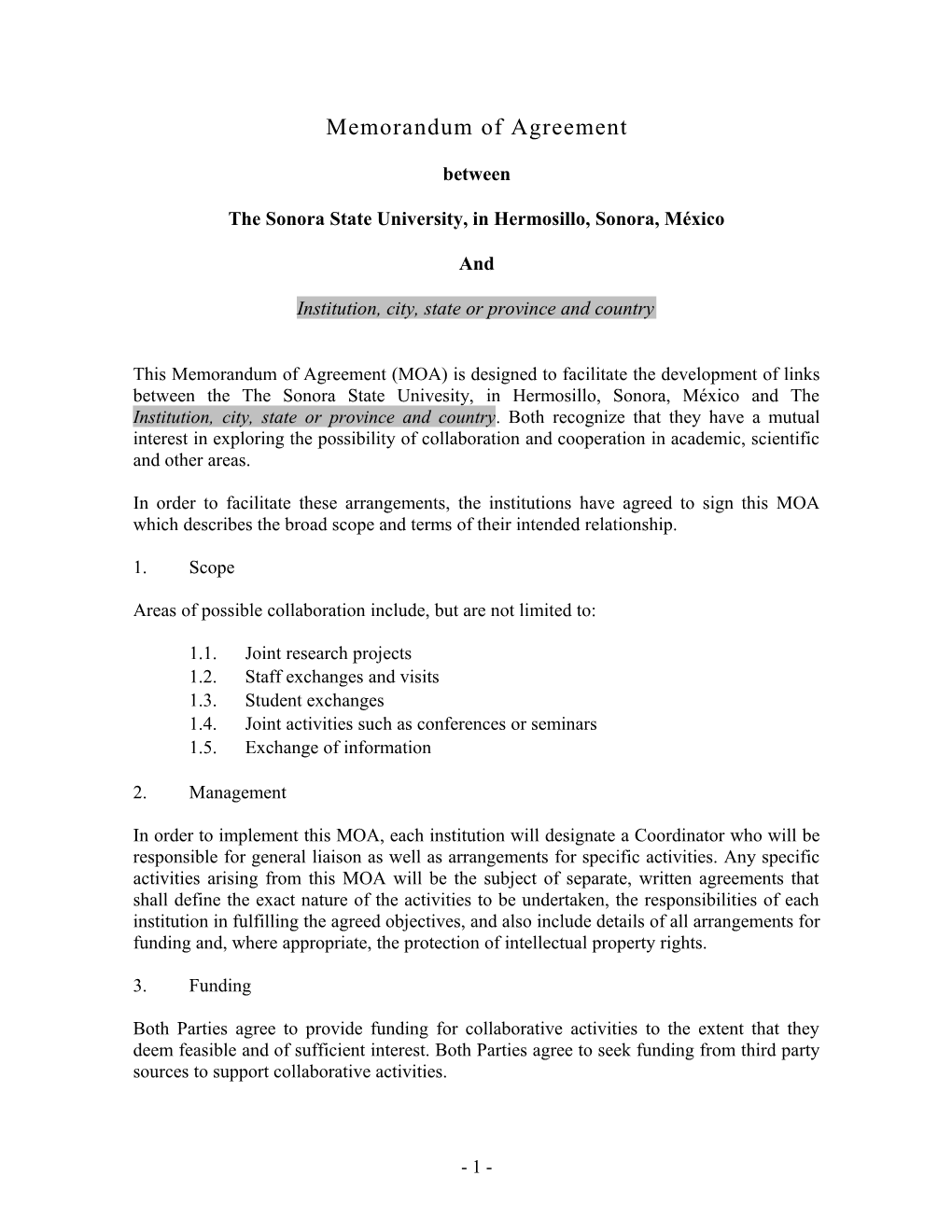 Memorandum of Agreement - Memorandum De Acuerdo