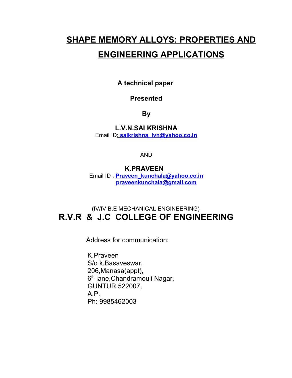 Shape Memory Alloys: Properties and Engineering Applications