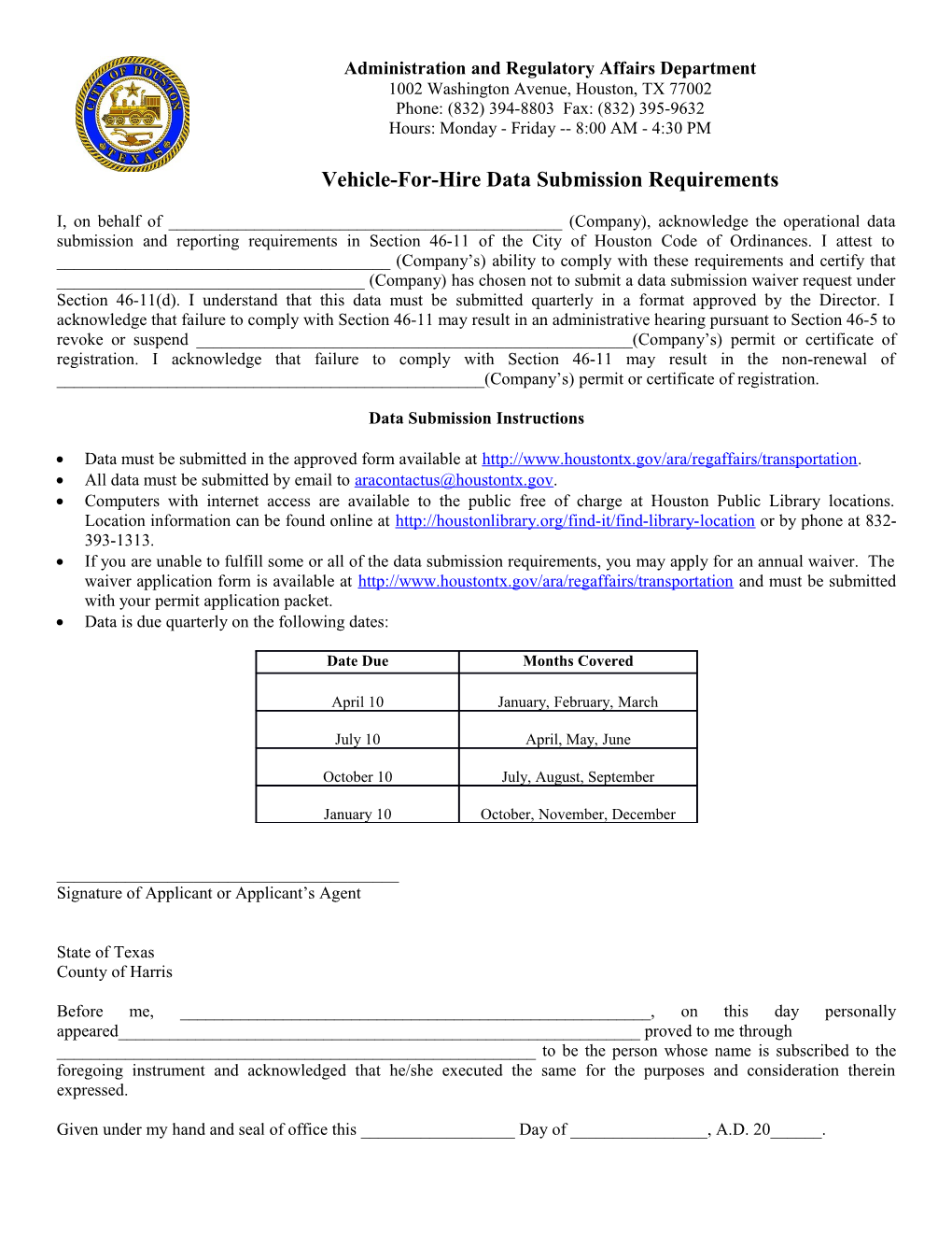 Vehicle-For-Hire Data Submission Requirements