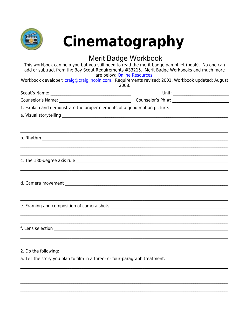 Cinematography P. 4 Merit Badge Workbook Scout's Name: ______