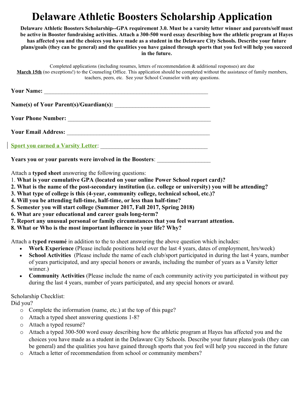 Delaware Athletic Boosters Scholarship Application