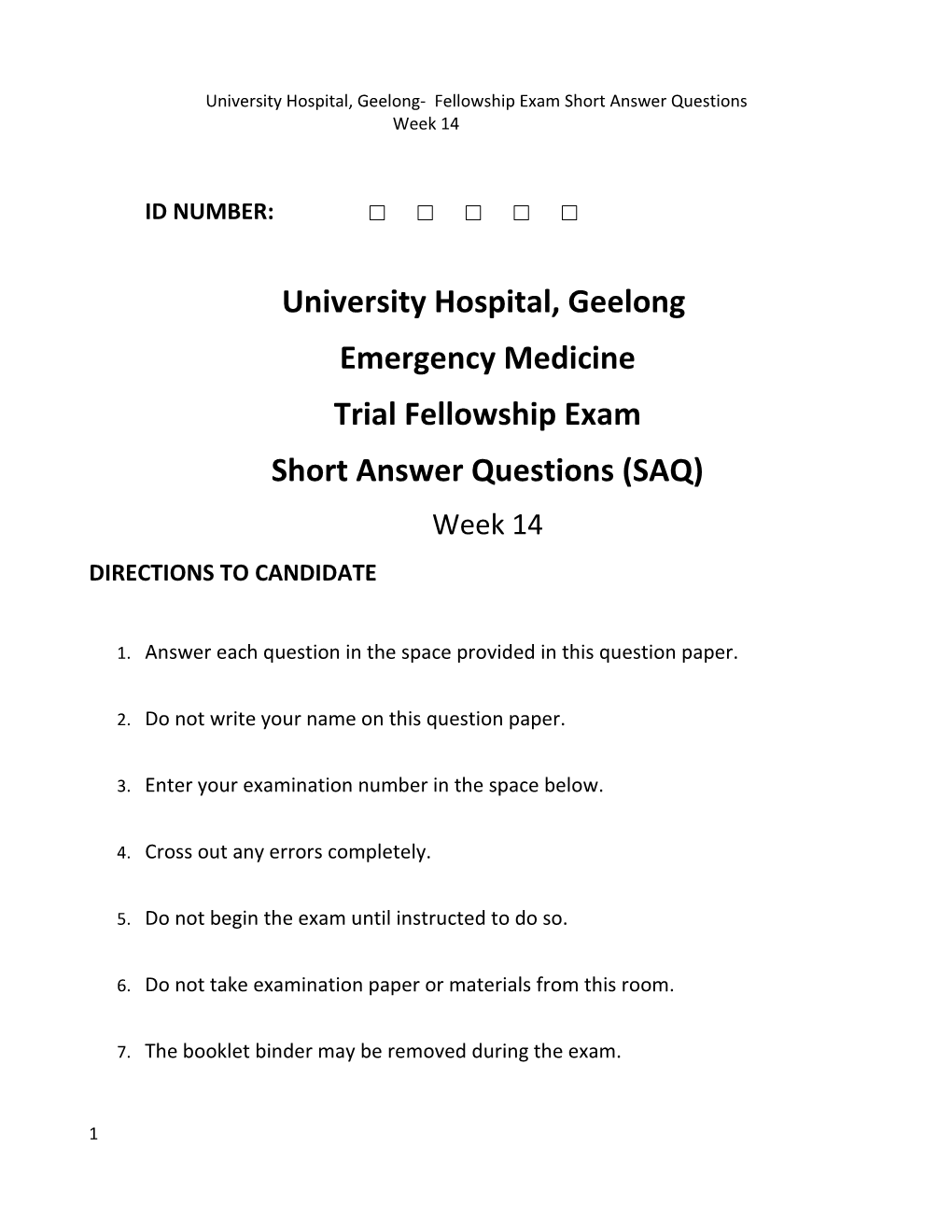 University Hospital, Geelong- Fellowship Exam Short Answer Questions