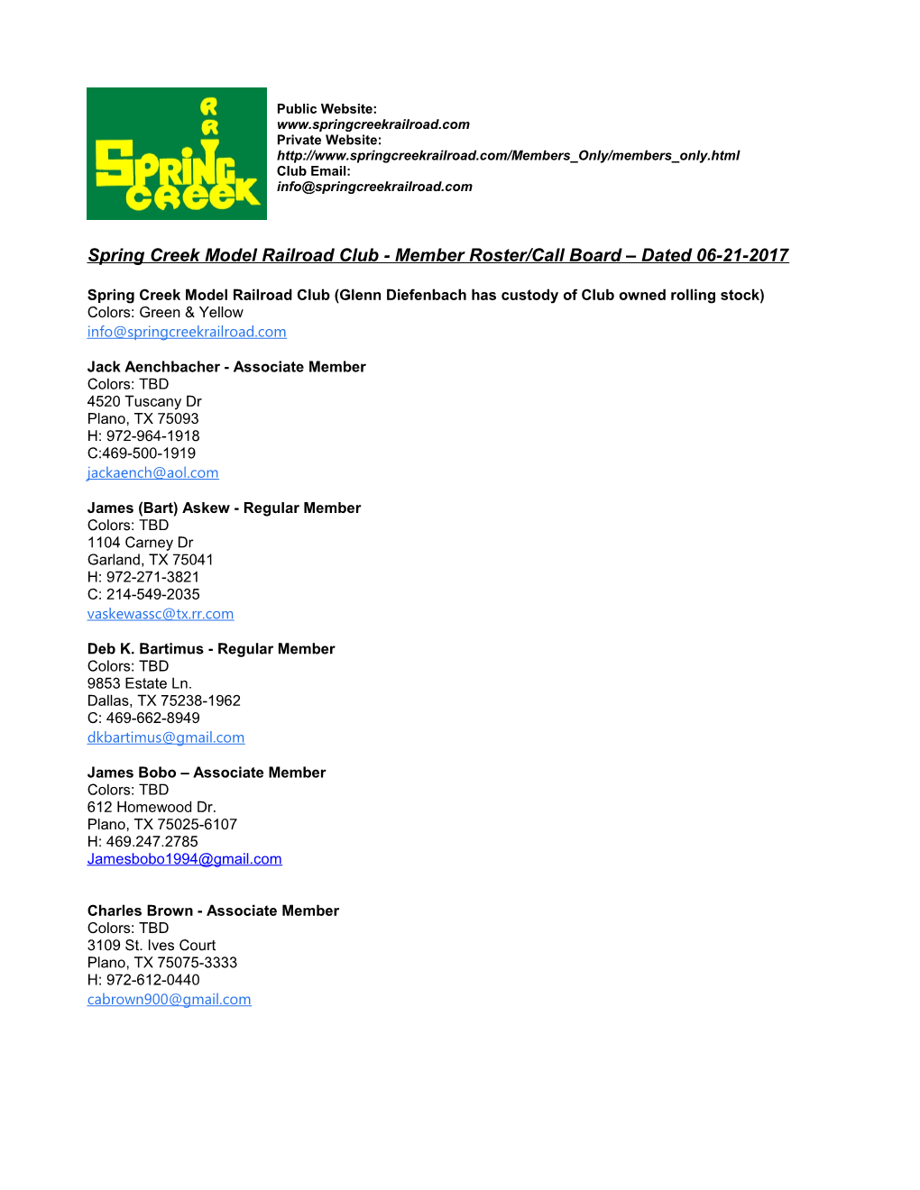 Spring Creek Model Railroad Club - Member Roster/Call Board Dated 06-21-2017