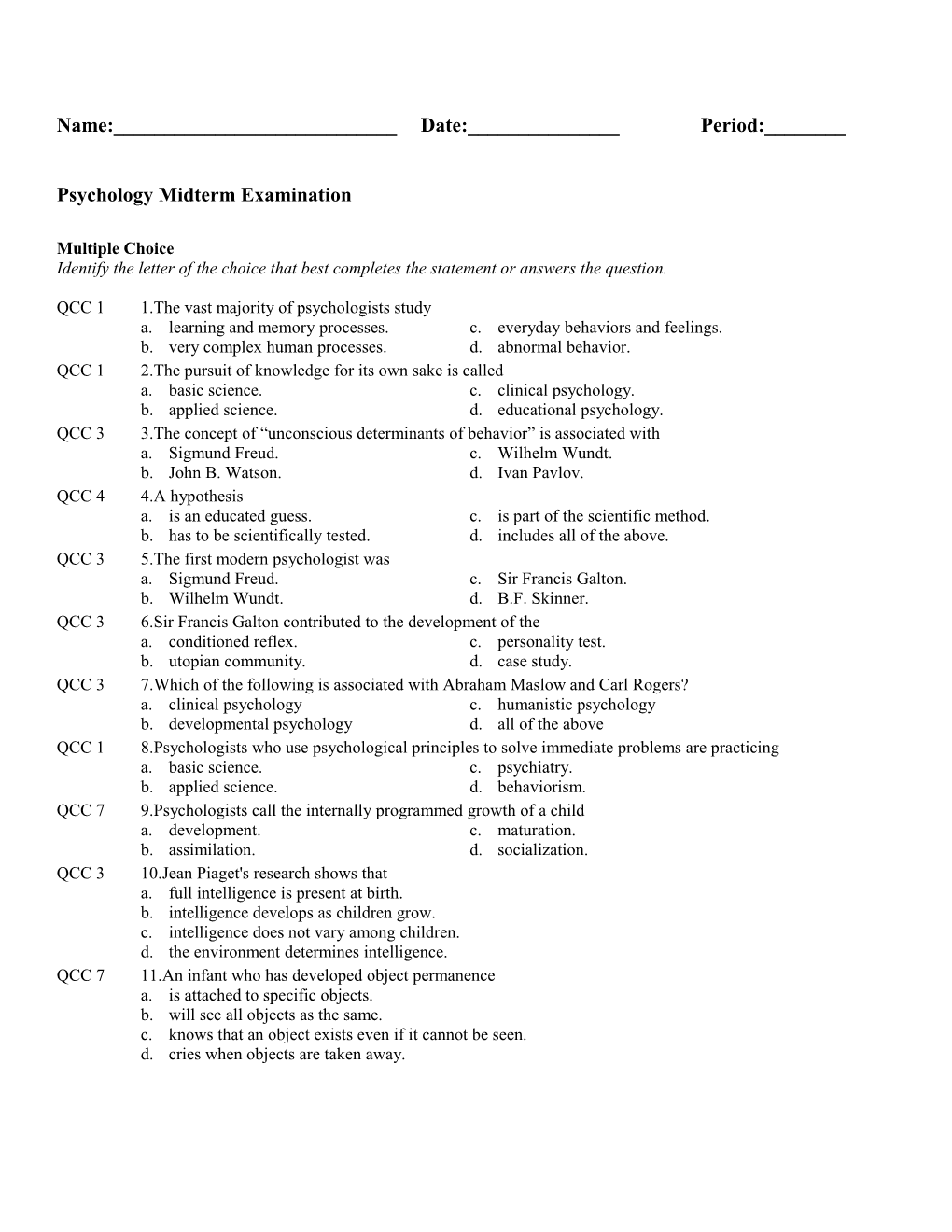 Psychology Midterm Examination