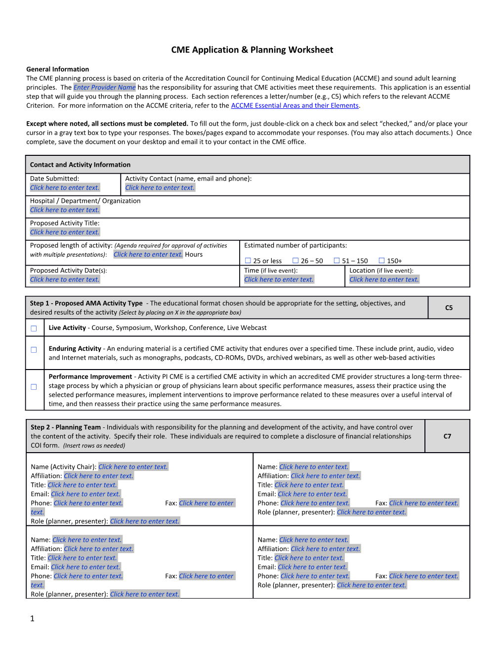 CME Application & Planning Worksheet