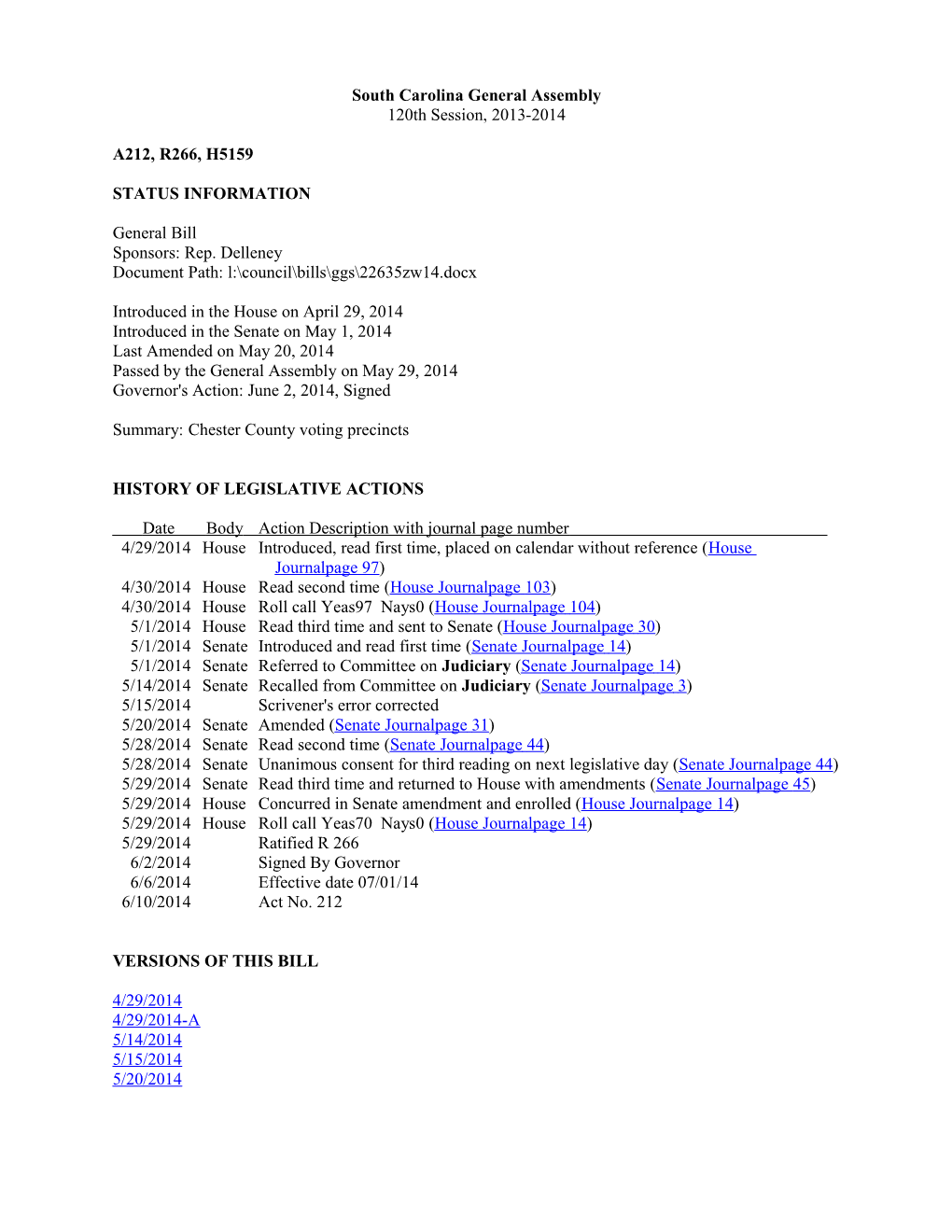 2013-2014 Bill 5159: Chester County Voting Precincts - South Carolina Legislature Online