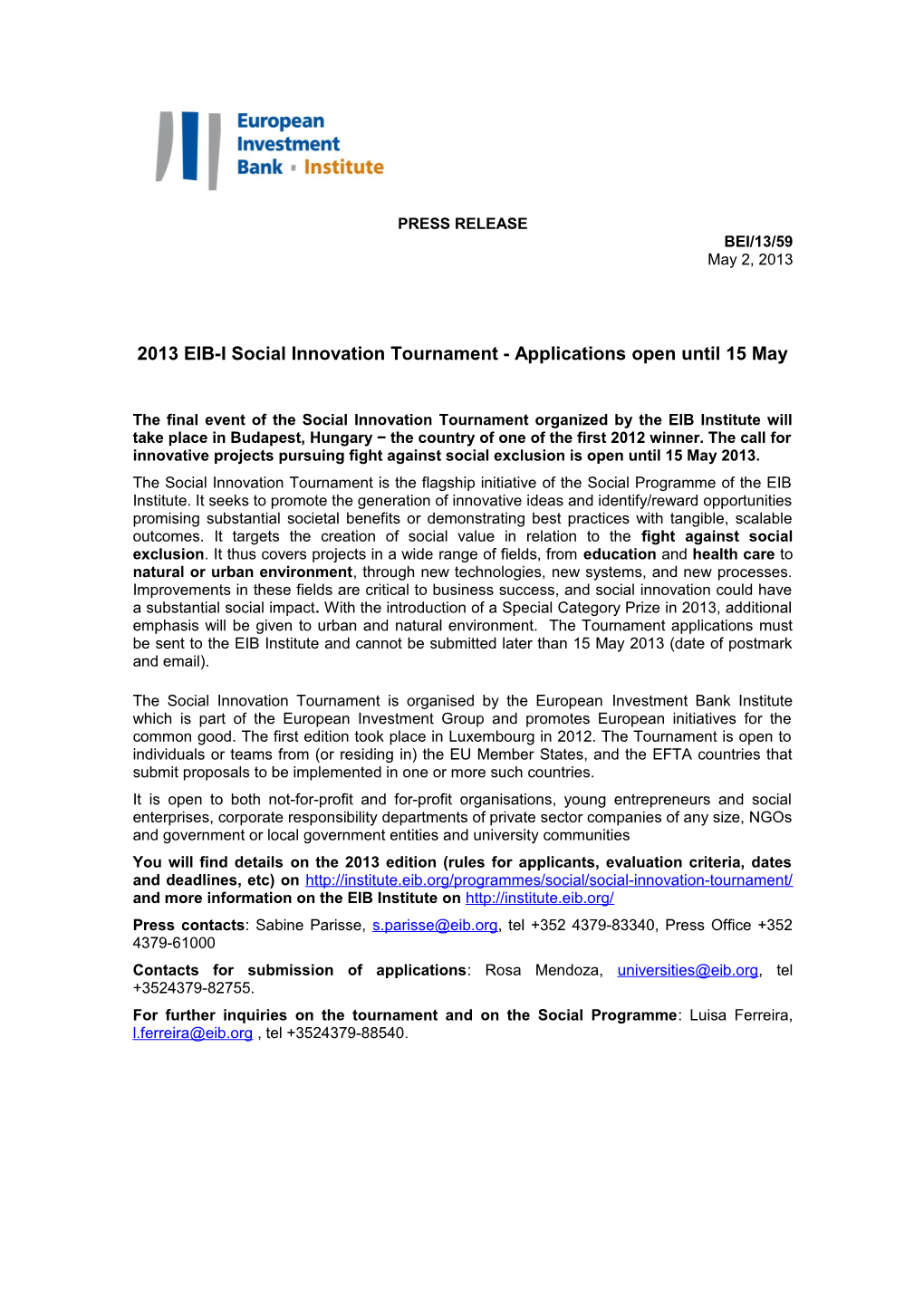 2013 EIB-I Social Innovation Tournament - Applications Open Until 15 May