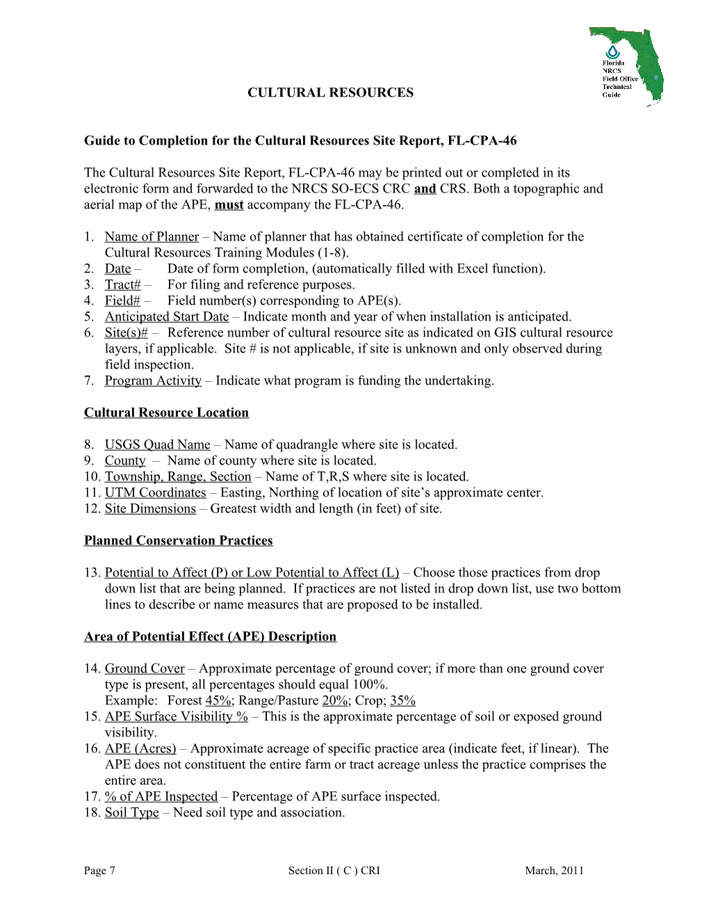 Guide to Completion for the Cultural Resources Site Report, FL-CPA-46