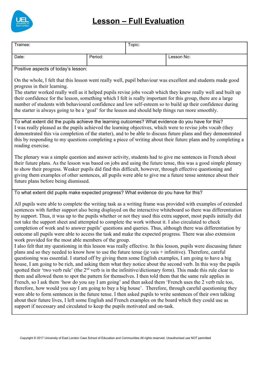 Physical Education Lesson Plan Full Evaluation