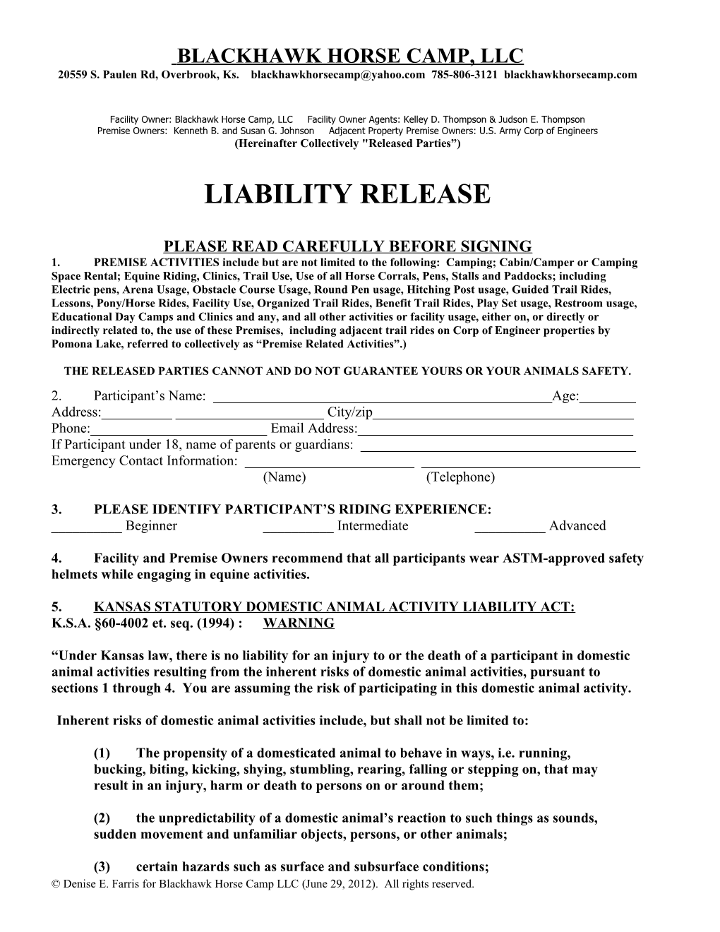Horse Rental Agreement and Liability Release Form