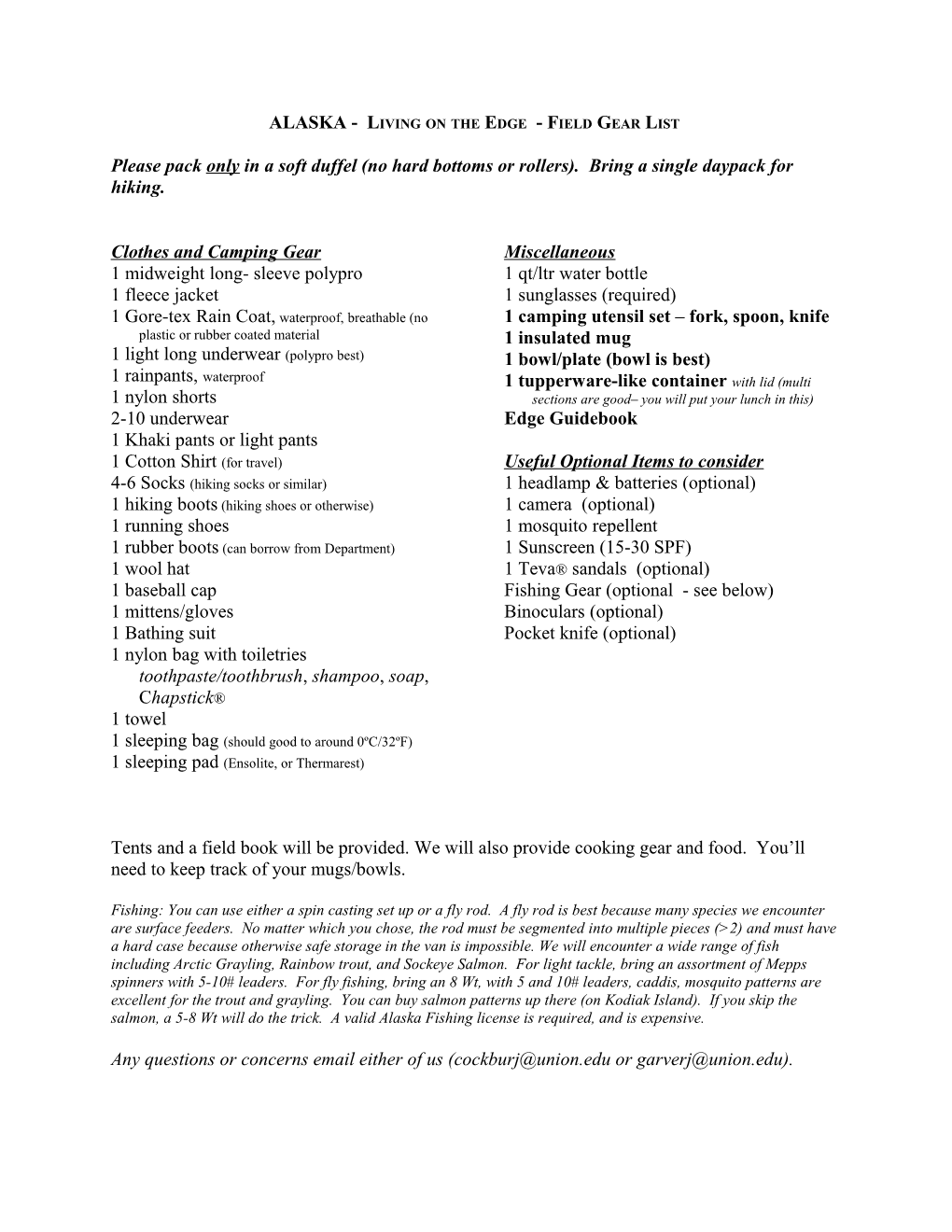 Alaska Living on the Edge Field Gear List 2007