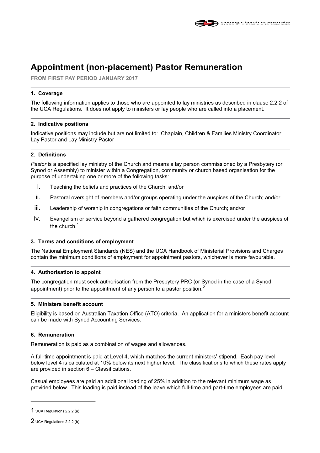 Non-Placement Pastor Remuneration Guidelines 2017