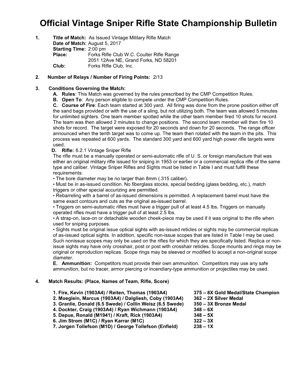 Official Vintage Sniper Rifle State Championship Bulletin