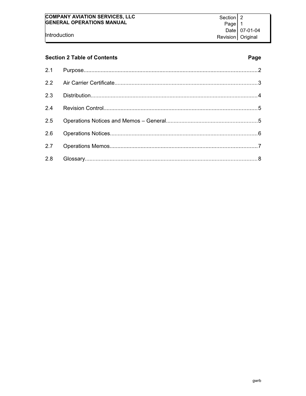 Section 2 Table of Contents Page