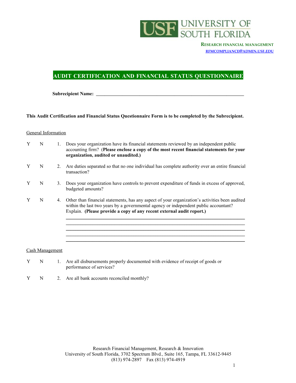 Audit Certification and Financial Status Questionnaire