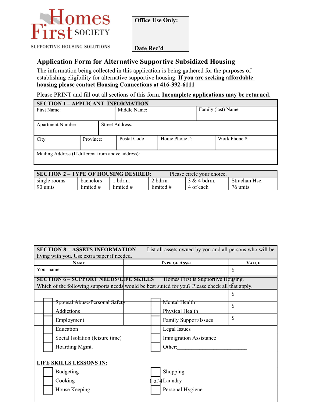 Application Form for Alternative Supportive Subsidized Housing