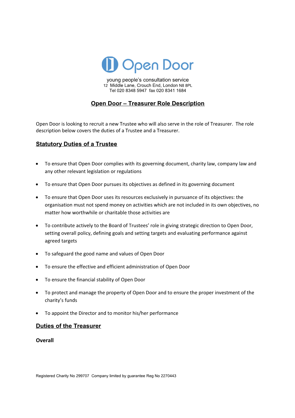 Open Door Treasurer Role Description