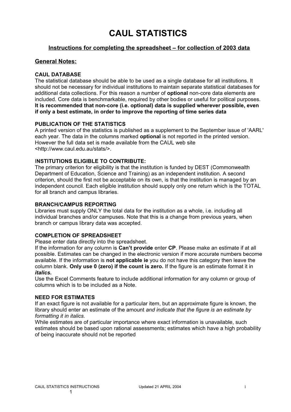 Instructions for Completing the Spreadsheet for Collection of 2003 Data