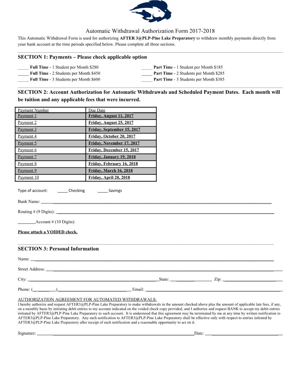 Automatic Withdrawal Authorization Form 2017-2018