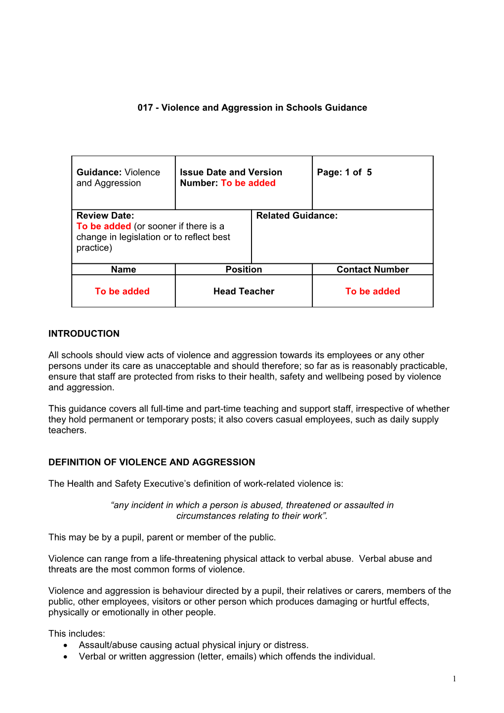 017 - Violence and Aggression in Schools Guidance