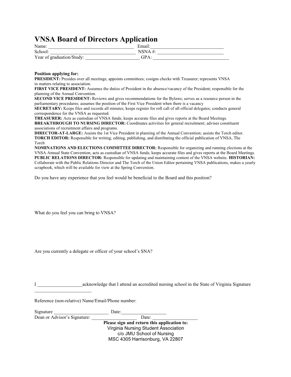 VNSA Board of Directors Application