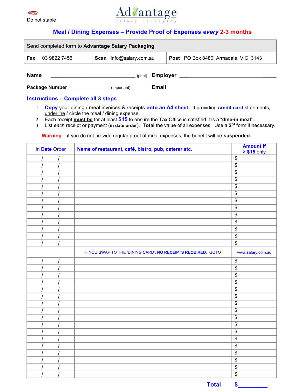 Meal Entertainment Salary Packaging Claim Form