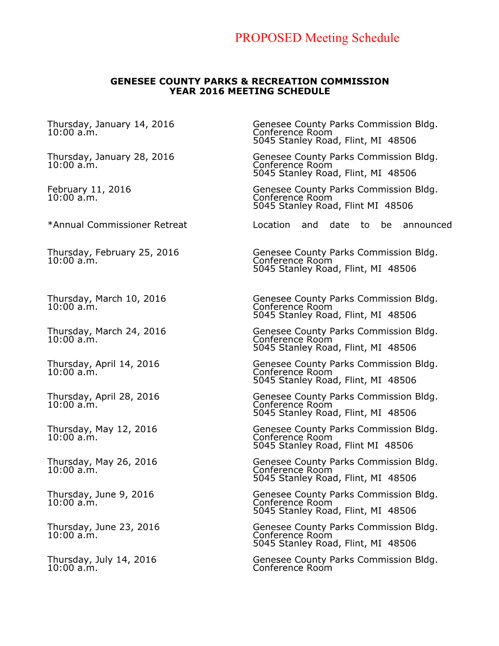 Proposed Meeting Schedule