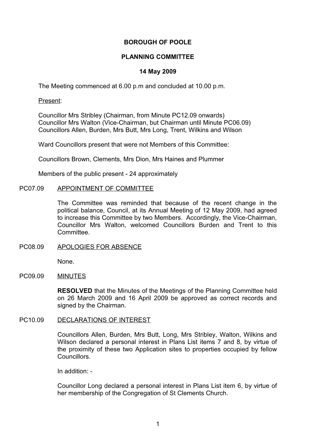 Minutes - Planning Committee - 14 May 2009