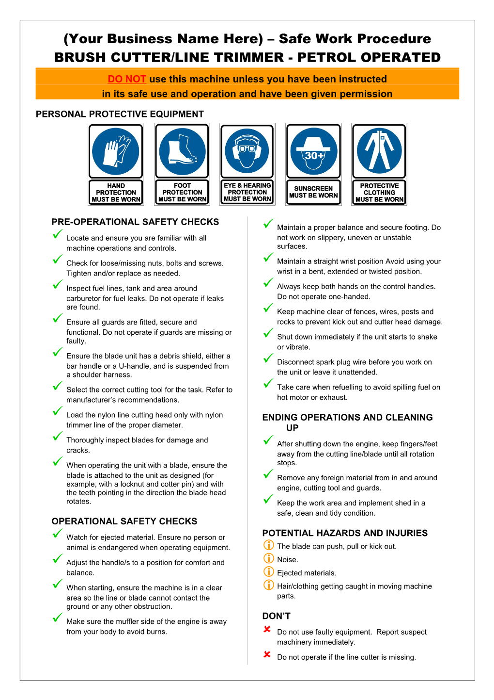 Safety Operating Procedures - Brush Cutter / Line Trimmer Petrol Operated