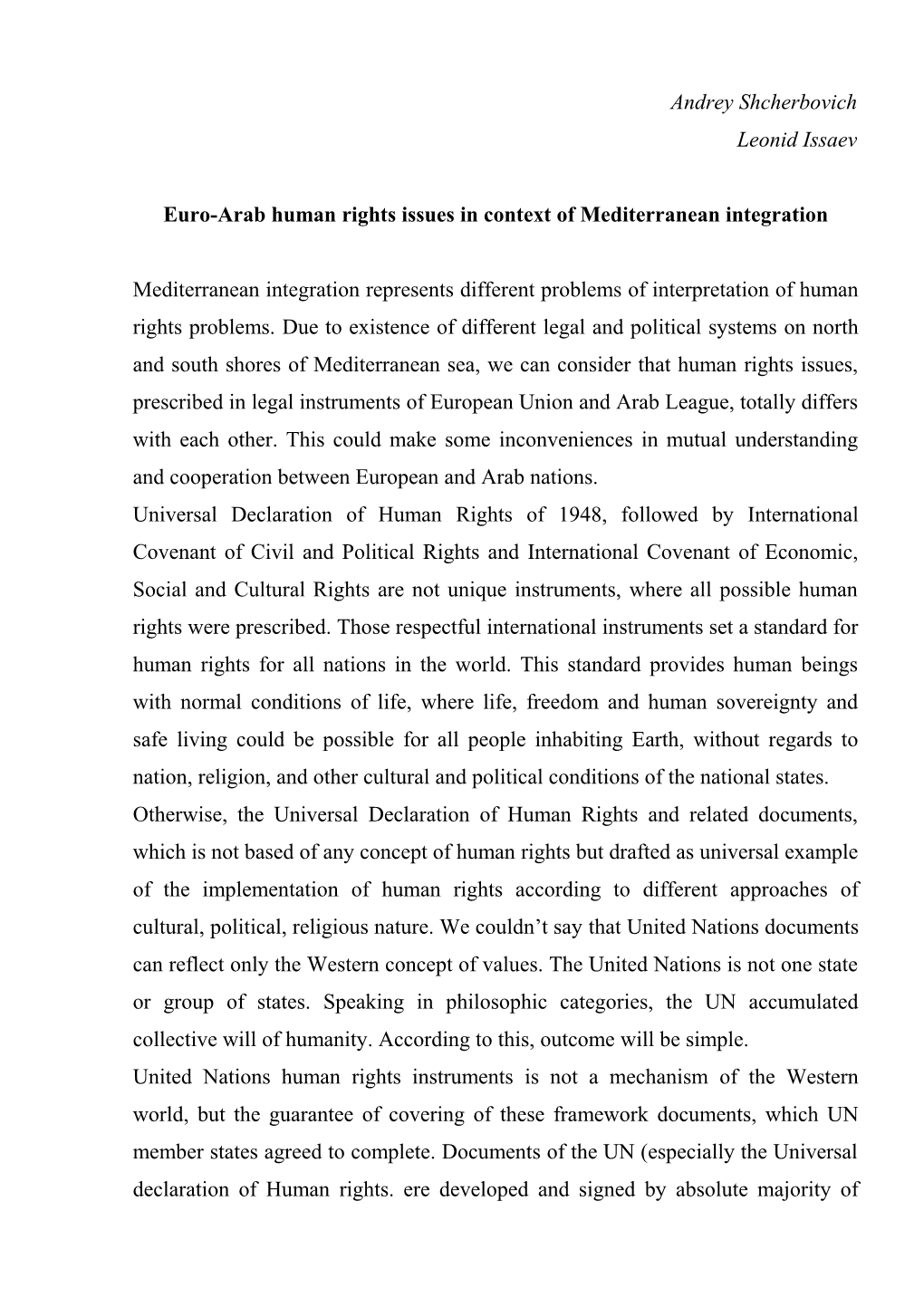 Euro-Arab Human Rights Issues in Context of Mediterranean Integration