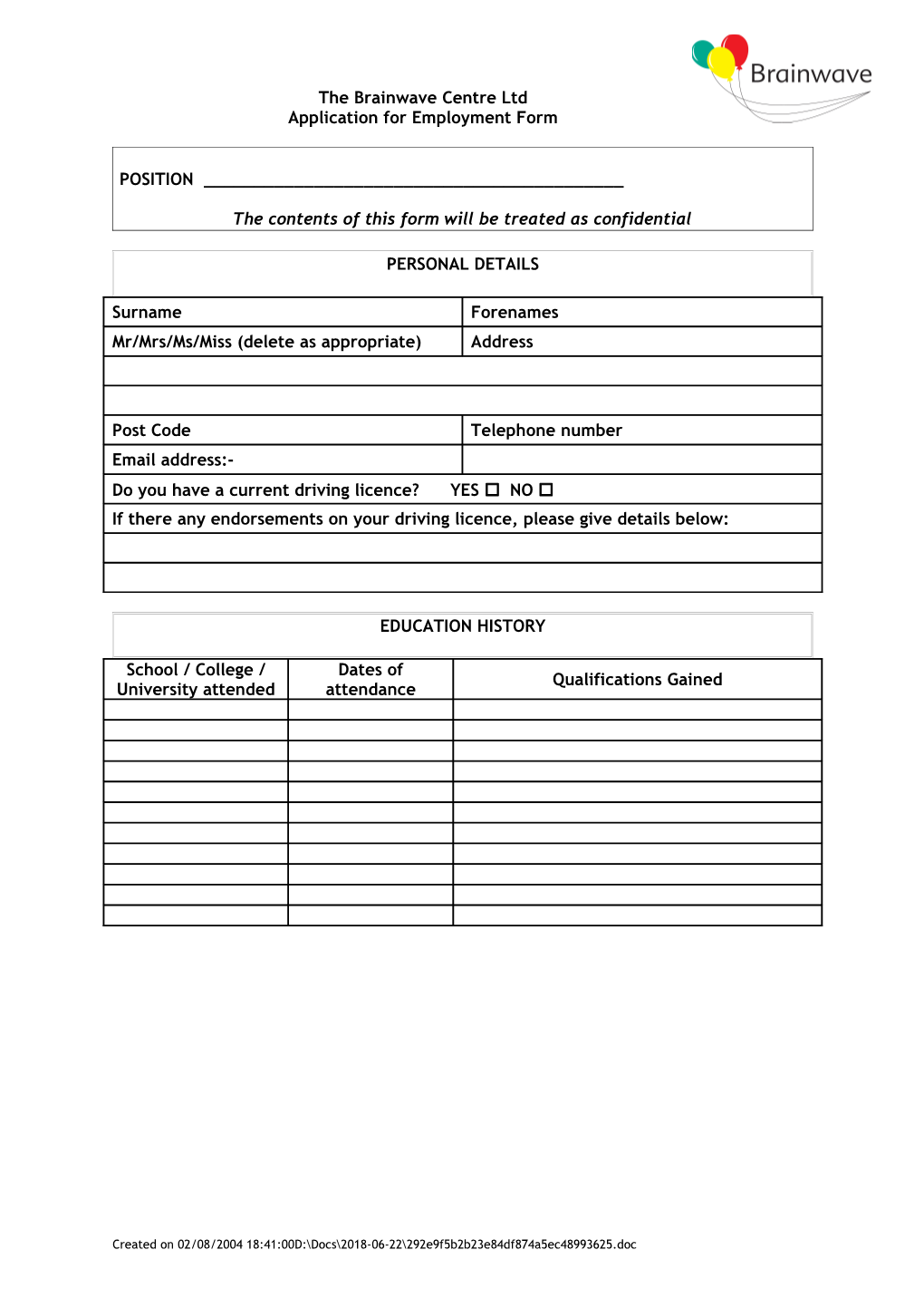 Application for Employment Form s1