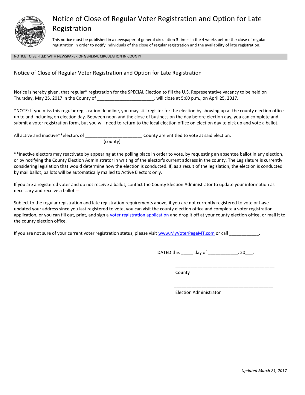 Notice of Close of Regular Voter Registration and Option for Late Registration