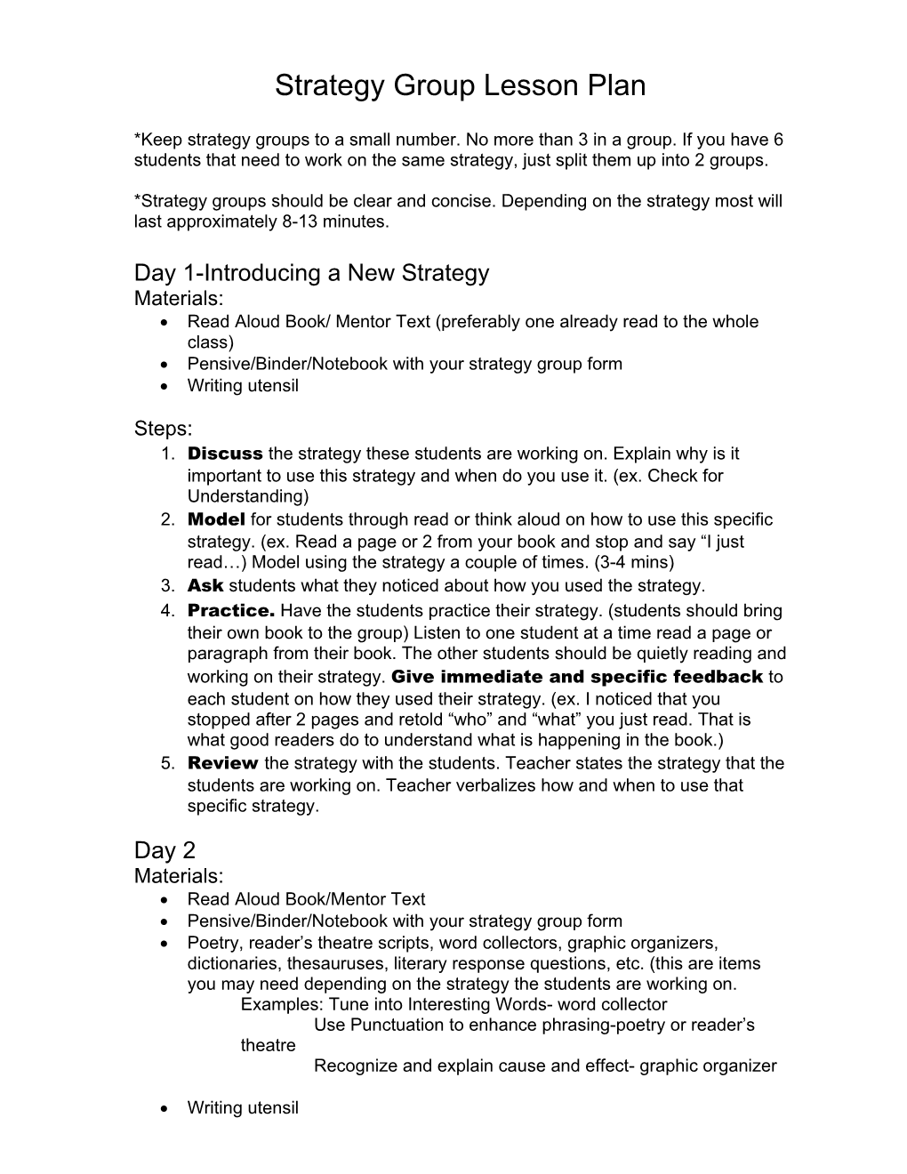 Strategy Group Lesson Plan