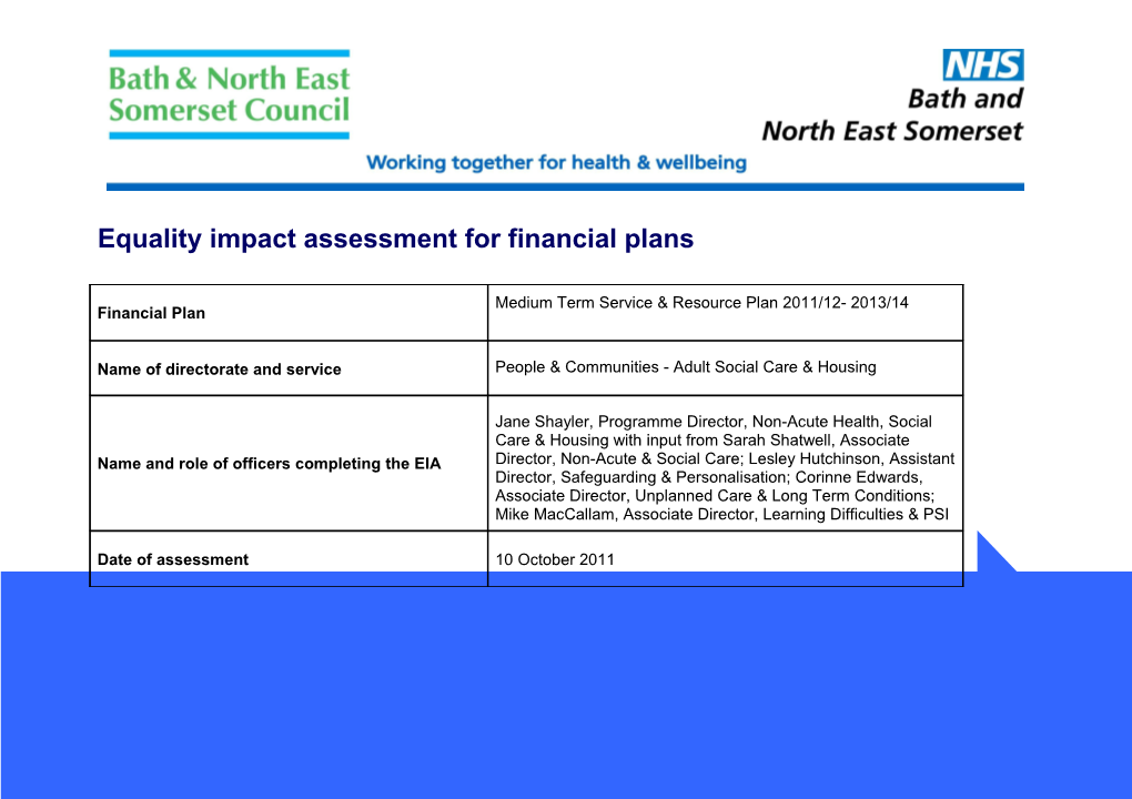 Equality Impact Assessment for Financial Plans