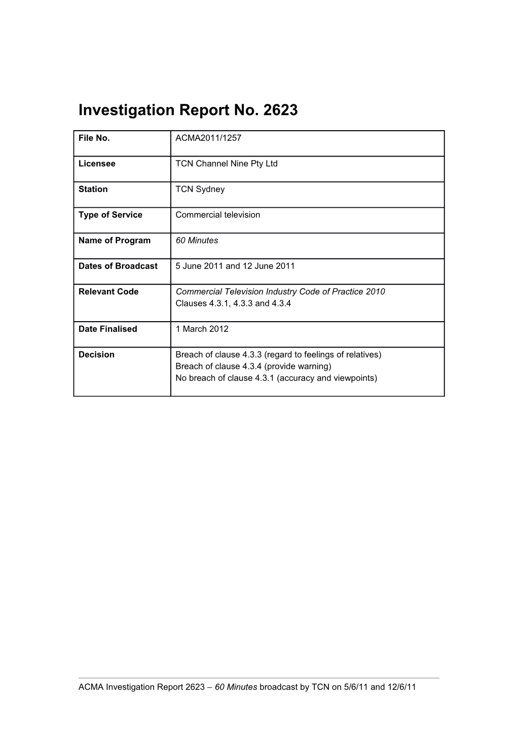 TCN Sydney - ACMA Investigation Report 2623