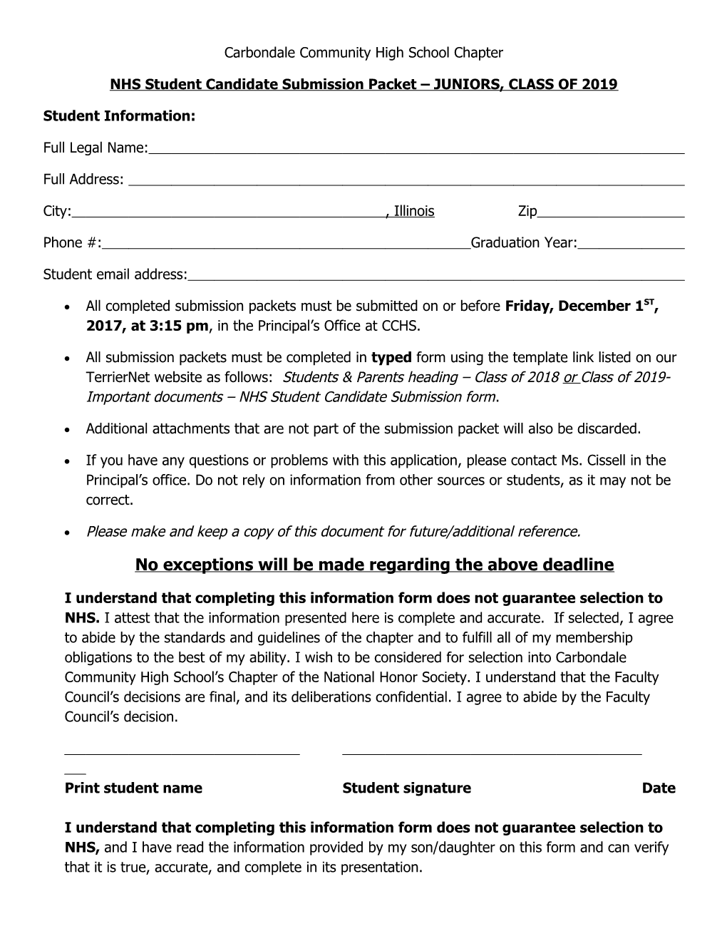 NHS Student Candidate Submission Packet JUNIORS, CLASS of 2019