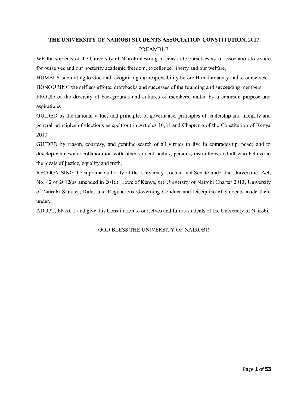 The University O F Nairobi Students Association Constitution, 2017