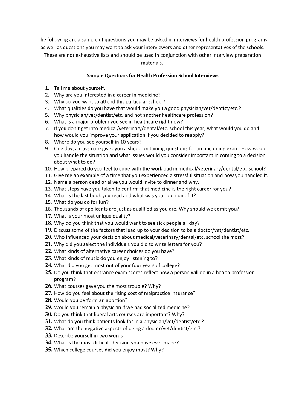 Sample Questions for Health Profession School Interviews