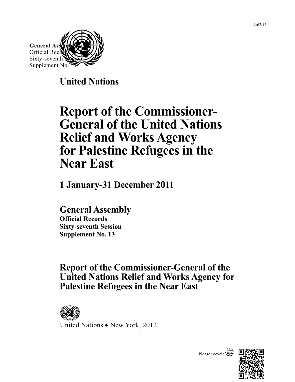 Report of the Commissioner-General of the United Nations Relief and Works Agency for Palestine