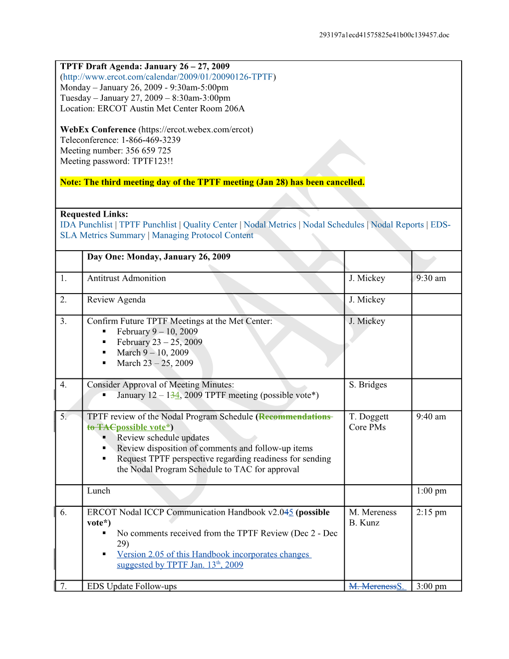 TPTF Draft Agenda: January 12 13, 2009