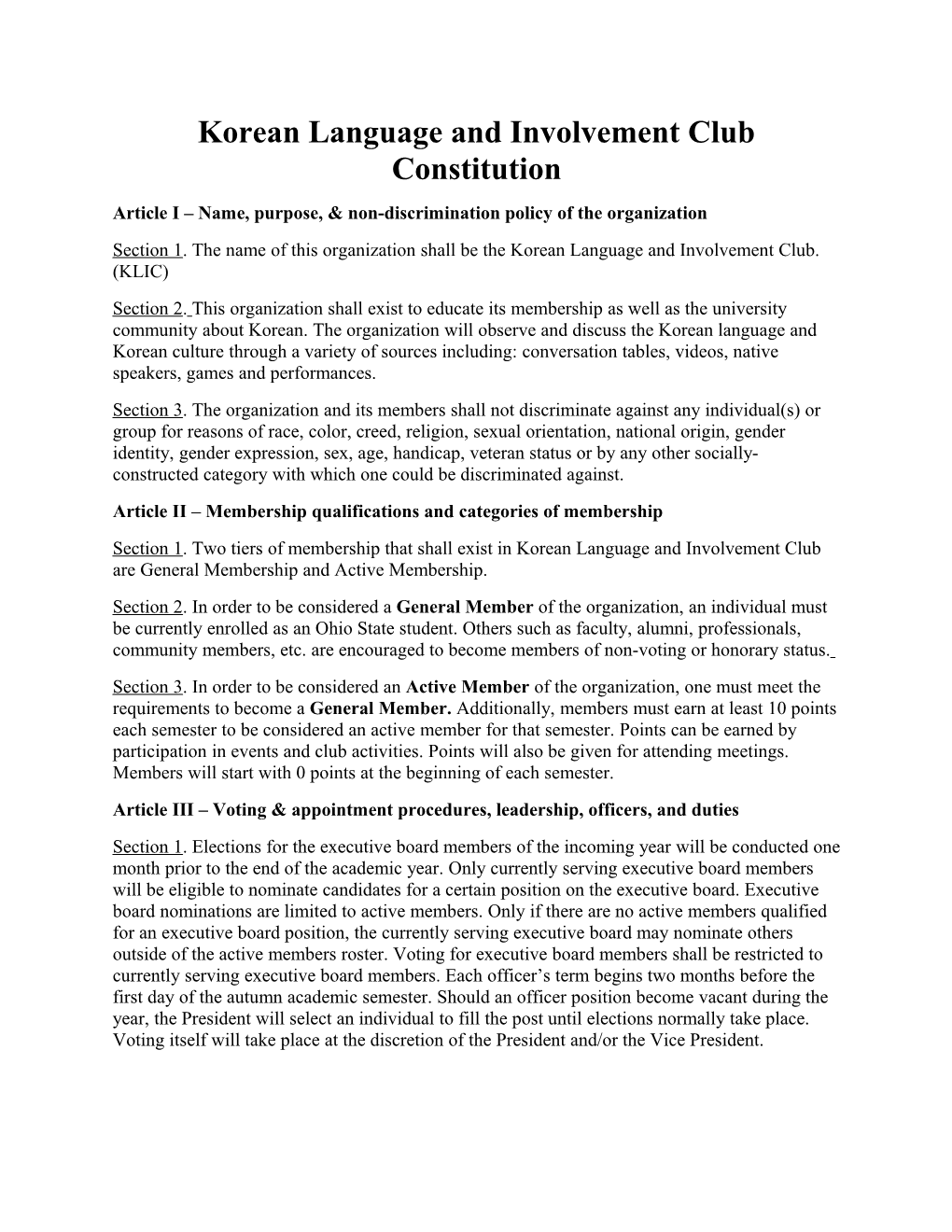 Korean Language and Involvement Club Constitution