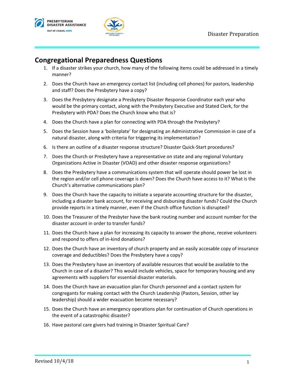 Congregational Preparedness Questions